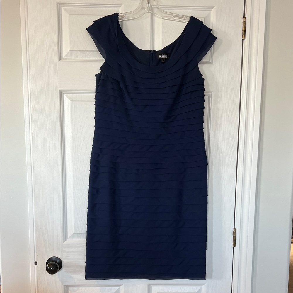 Adrianna Papell Navy Pleated Scoop Neck Midi Dress - Picture 1 of 6